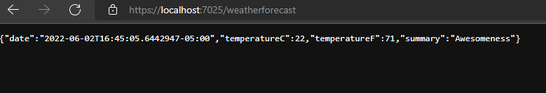 output of the weatherforecast endpoint showing weather forecast that was injected using the IActionFilter