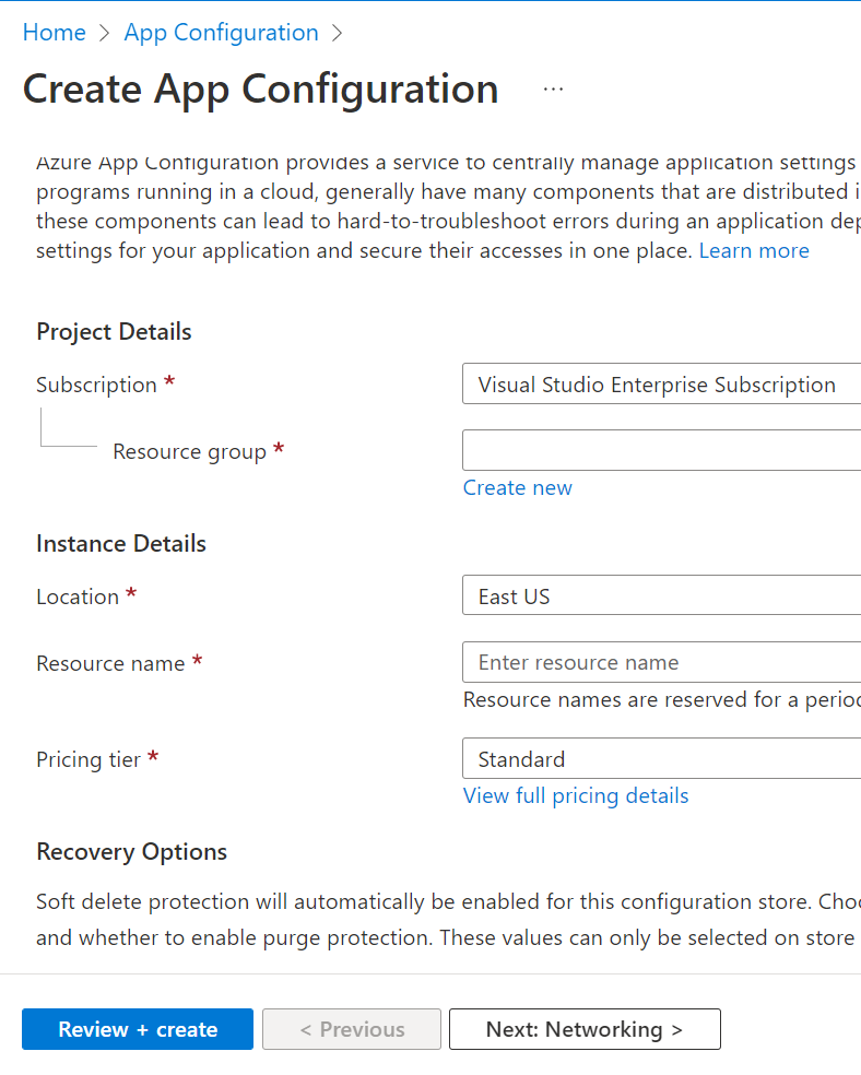 Azure App Configuration provisioning form