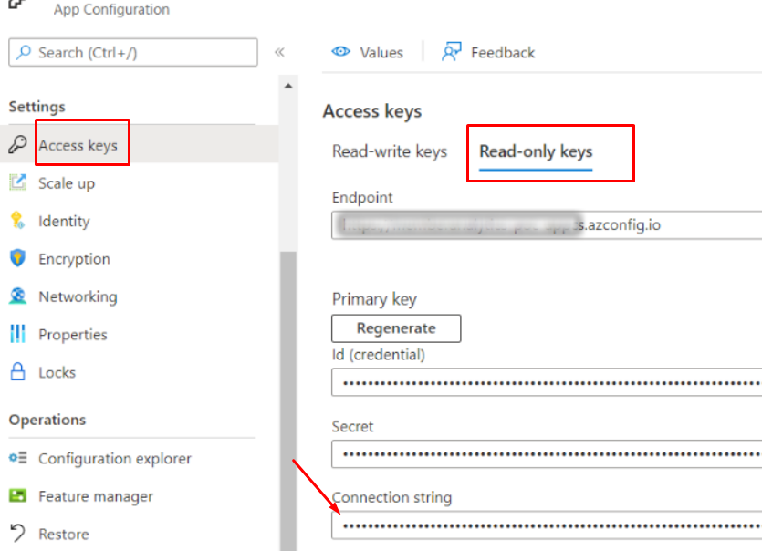 Access key blade under App Configuration in Azure showing the read-only keys including the connection string