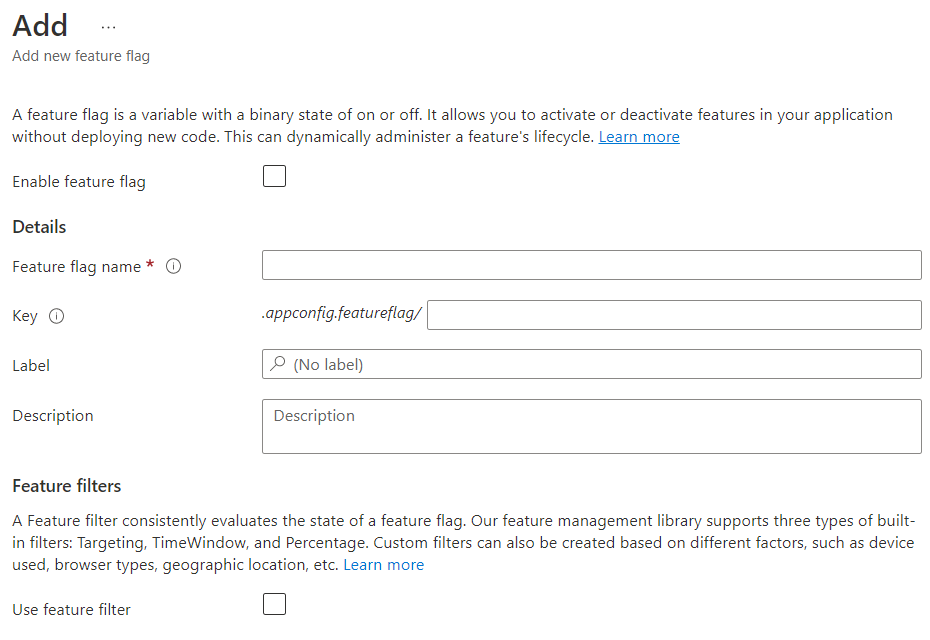 Azure App Configuration Feature Manager, Add Feature Flag form