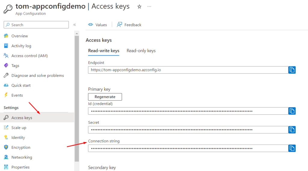 Azure App Configuration portal window, with the Access Keys blade in focus showing the connection string setting.