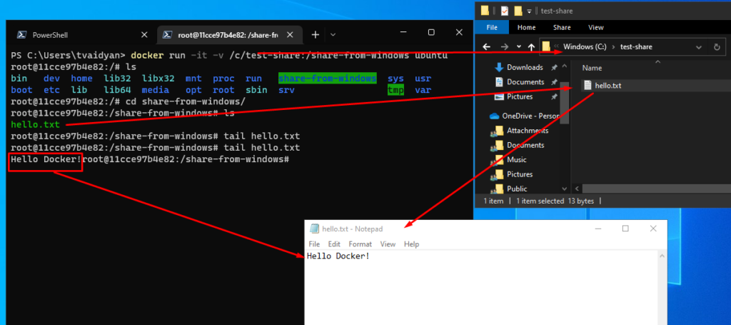 docker container bash output juxtaposed with the same folder and file  directly open in windows