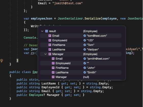 debugger in Visual Studio showing the filled properties of the Employee object from the JSON deserialization