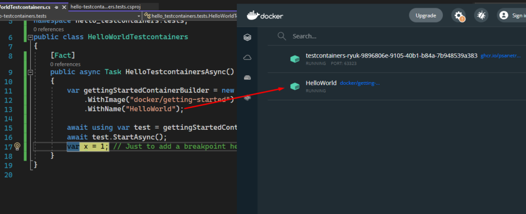 Visual Studio breakpoint at the end of the testcontainers demo method with Docker desktop containers list in view showing the newly generated container