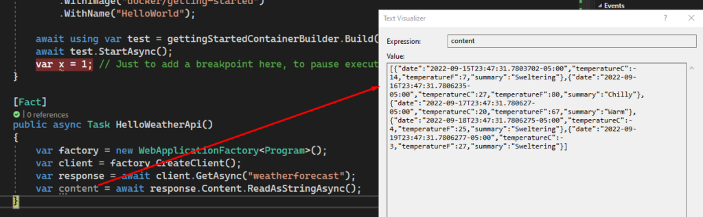 WebApplicationFactory example showing output from calling the mock weather api in the webapi template