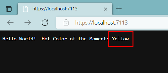 screenshot showing browser window with output from the default endpoint showing the color that was specified in appsettings.json file