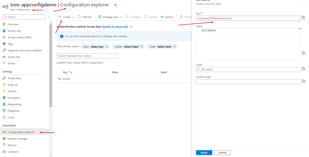 Azure Portal with the App Configuration Configuration Explorer section open with the Add New Key/Value pair panel open