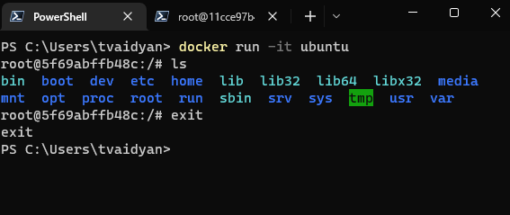 Windows command line showing a docker run command on the official ubuntu image and a directory listing inside that container.