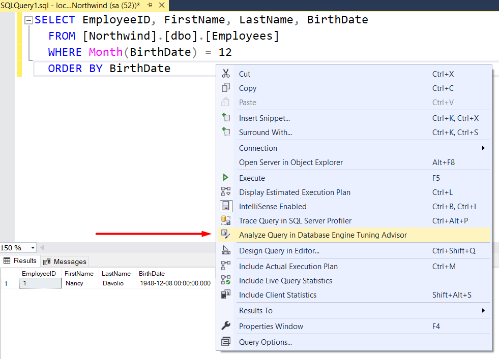 SQL Server Management Studio Query Editor window showing the right-click context menu with the Analyze Query in Database Engine Tuning Advisor highlighted.