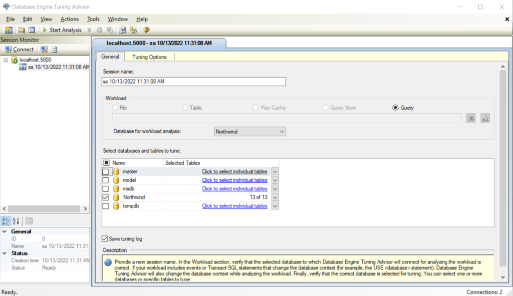 General tab of the Database Tuning Advisor tool