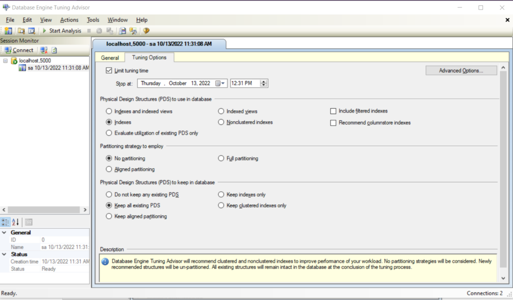 The Tuning options tab of the Database Engine Tuning Advisor tool