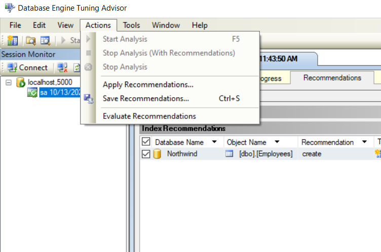 Database Tuning Advisor's Action menu open