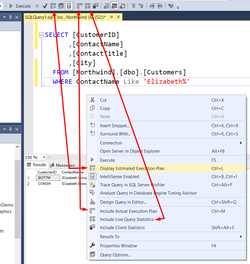 SSMS query editor window with the right-click context menu open showing options relating to the execution plan.  Corresponding toolbar buttons are also noted.