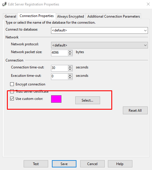 SSMS Edit Server Registration dialog with the Connection Properties tab in view