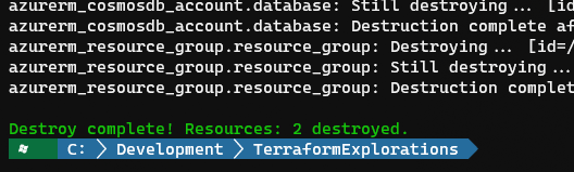 terminal showing output of terraform destroy command, that it destroyed 2 resources successfully.