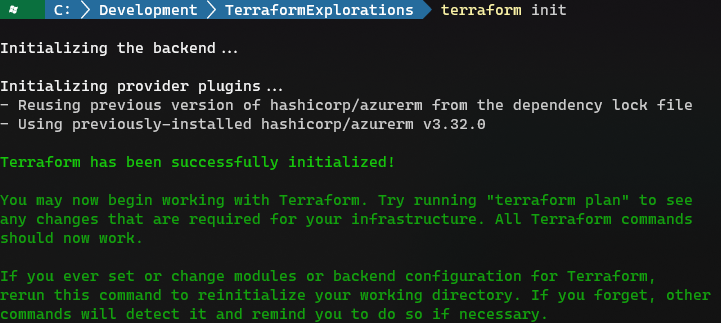 terminal showing output of terraform init command, that TF has successfully initialized