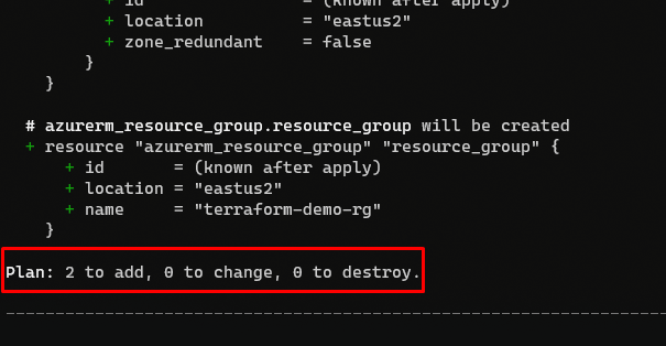 terminal showing output of terraform plan command, that there are 2 resources to be added, 0 to change and 0 to destroy