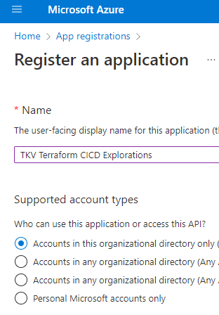 register an application screen in azure portal