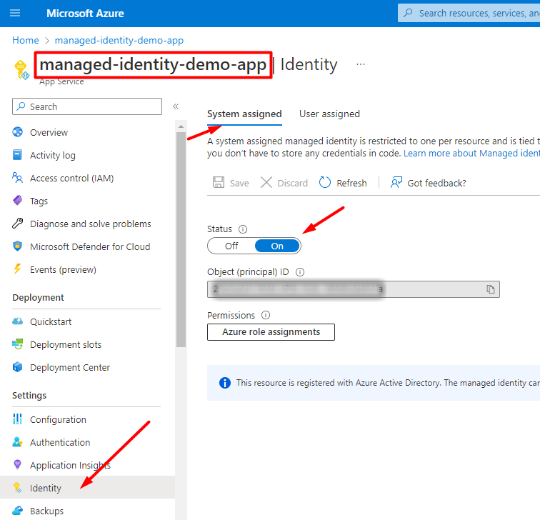 Azure portal showing the Identity section of an App Service resource.  System Assigned tab is open with the status set to on