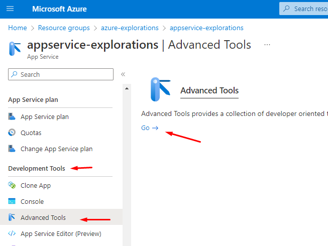 Azure App Service section in the portal, showing the link to open the Advanced Tools, which opens up the Kudu application, in a new tab/window.