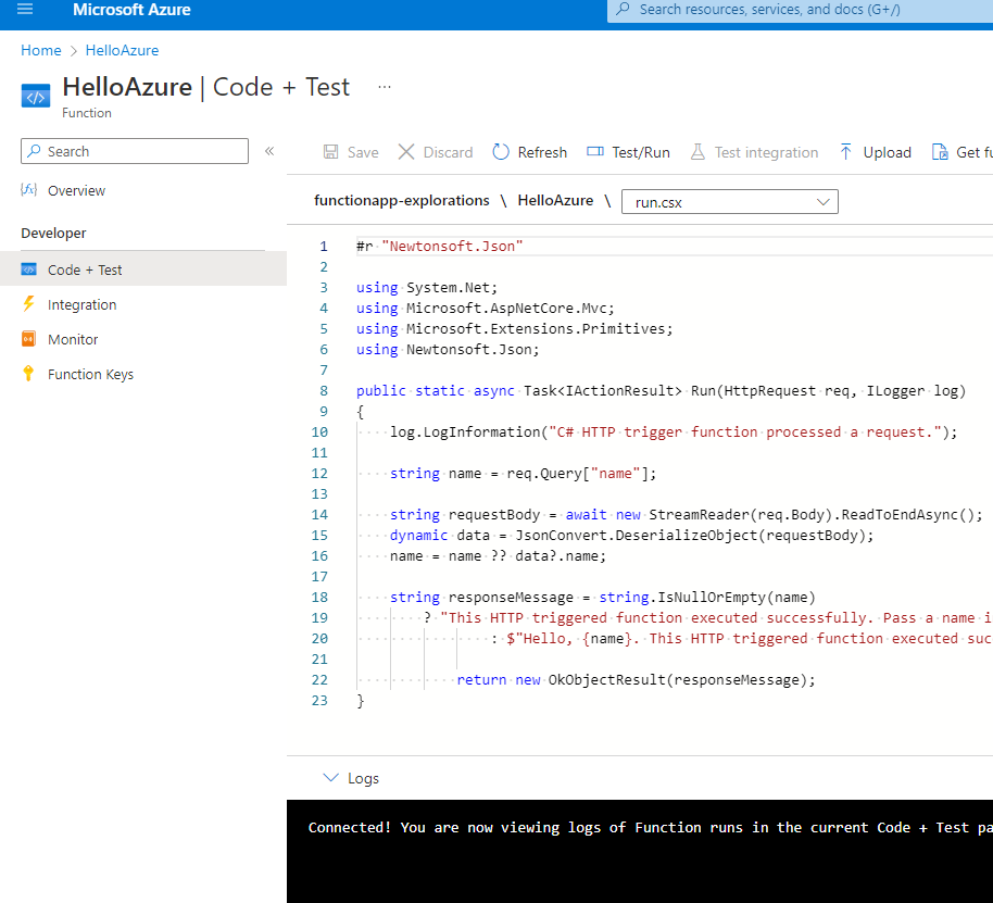 Code + Test view of Azure Functions allowing you to edit, test and view the logs for your Azure Function.