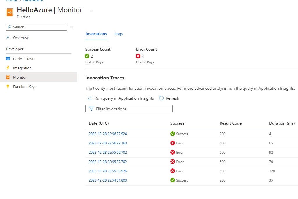 Integrated Azure monitoring of your function in the portal