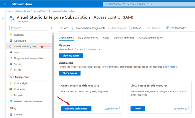 Access Control (IAM) screen under a subscription in Azure portal