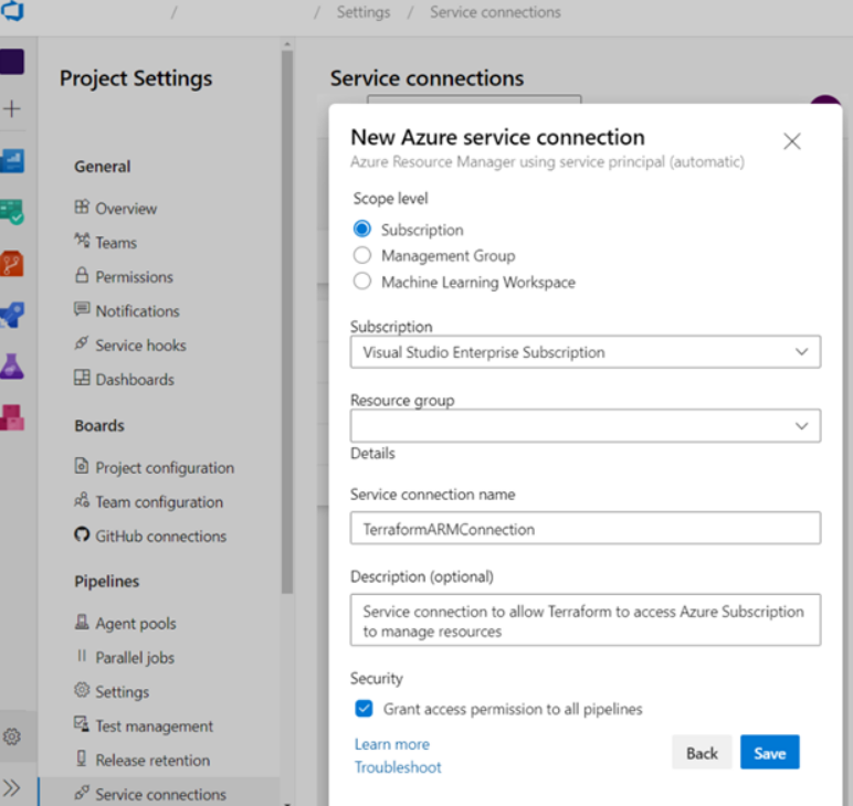 Azure DevOps with the add service connection modal open