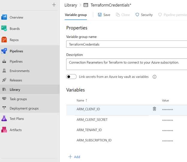 Azure Devops with the Variable Groups window open