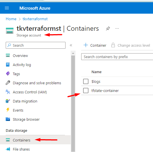 Azure portal showing a storage account and a container under it.