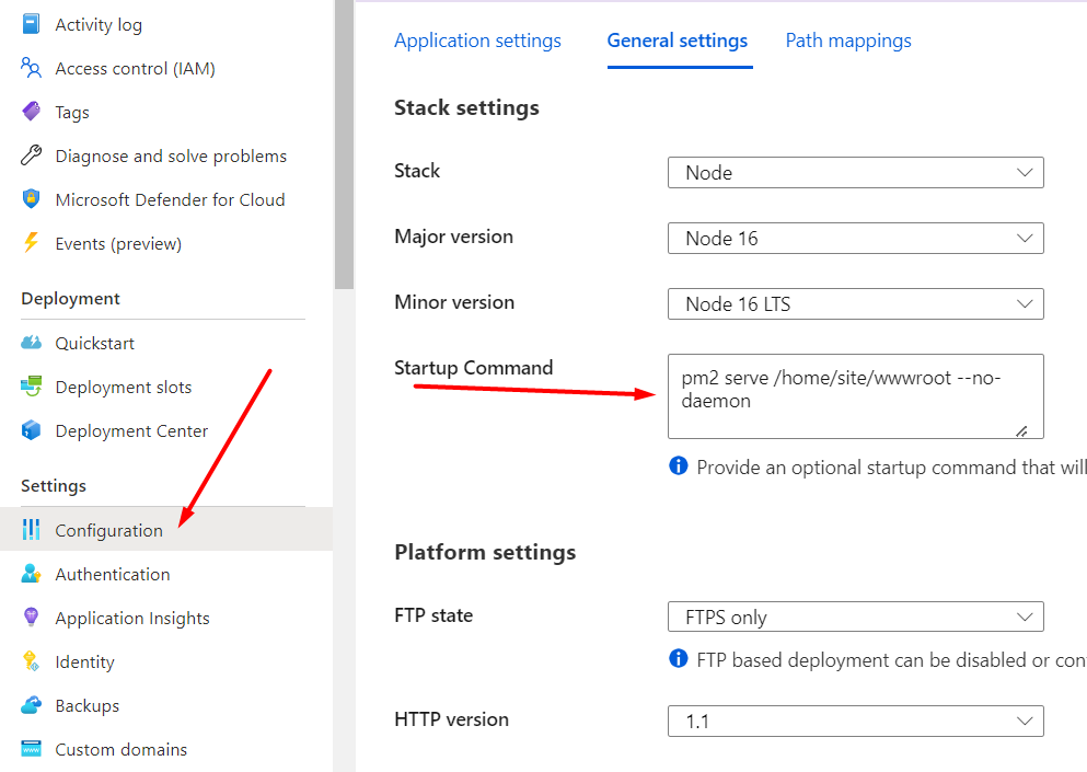 The configuration section of Azure app service, the General Settings tab showing a startup command