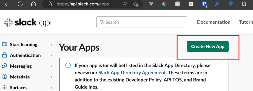 Slack API landing page with the Create New App button