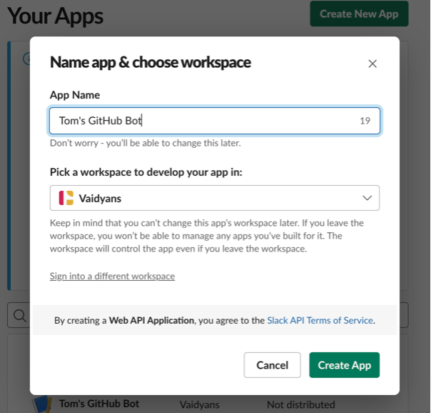Slack's create app modal asking for an app name and a workspace to develop your app in.
