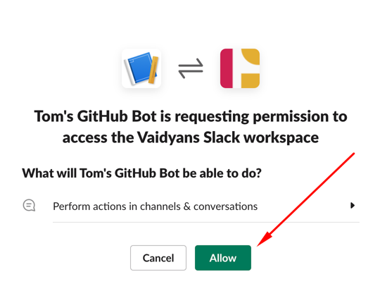 Slack workspace prompting whether to allow this new Slack app to be installed