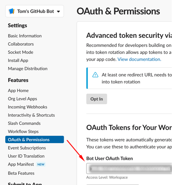 OAuth & Permissions blade of Slack app showing the Bot user OAuth Token for the app.