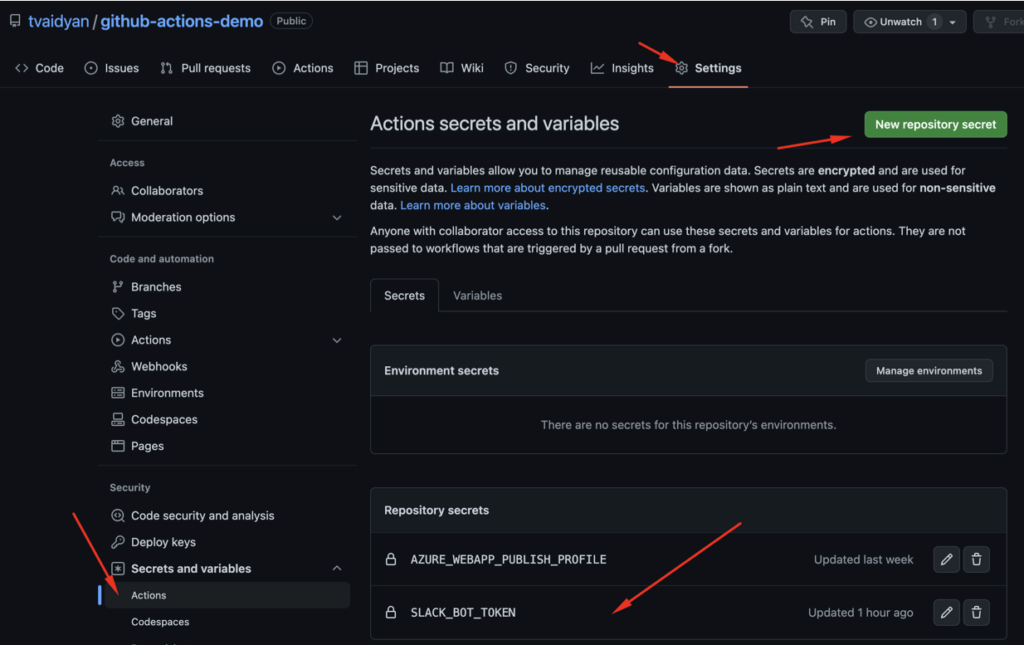 GitHub repository's Secrets and variables section where you can create a new secret