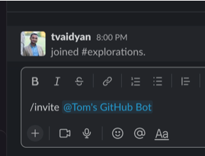 Slack prompt to invite the Slack app (bot) to join a particular channel.