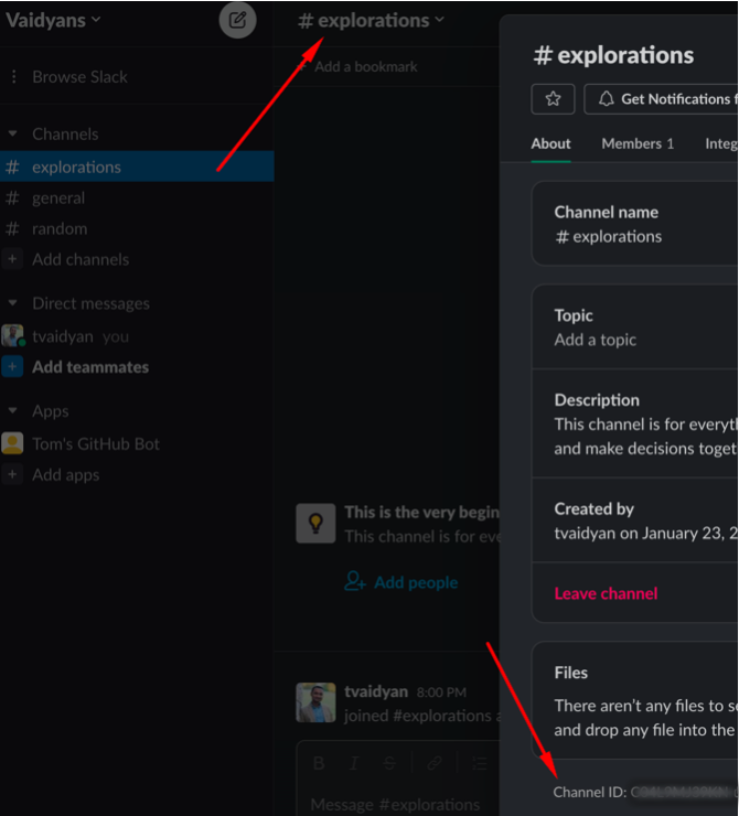 Slack channel settings modal showing the Channel ID at the bottom