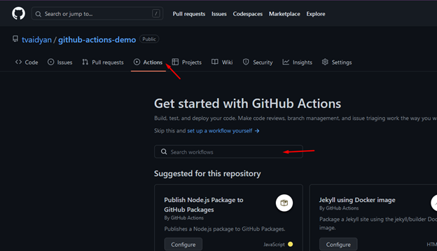 The actions landing page on GitHub