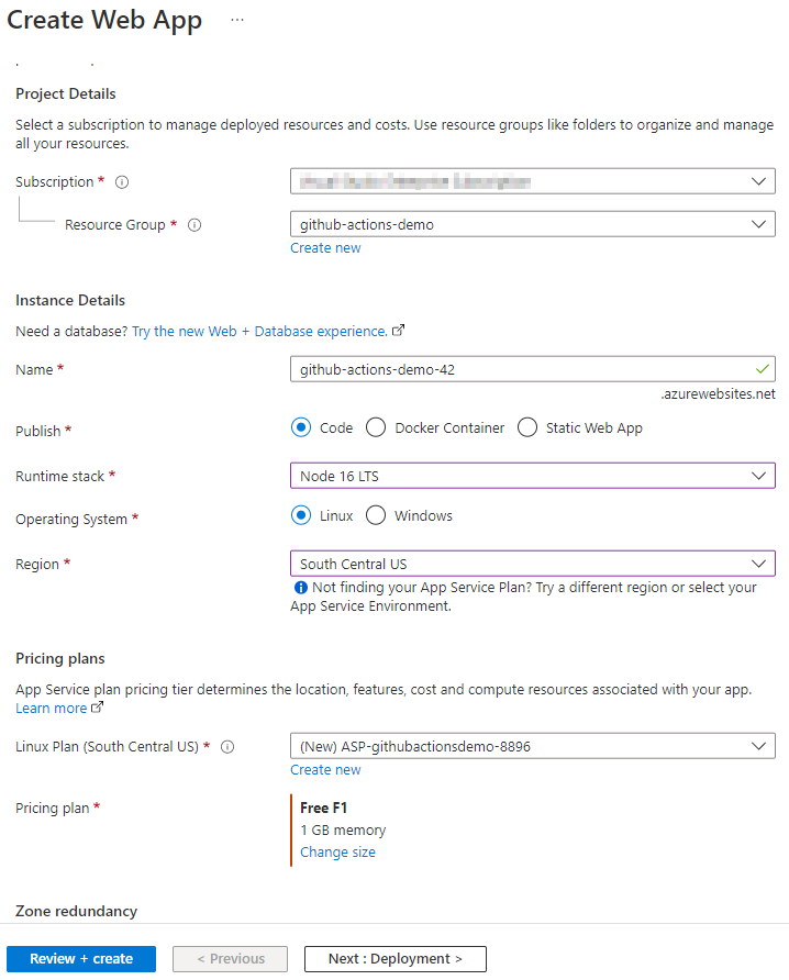 The Create Web App form for creating a new instance of Azure App Service