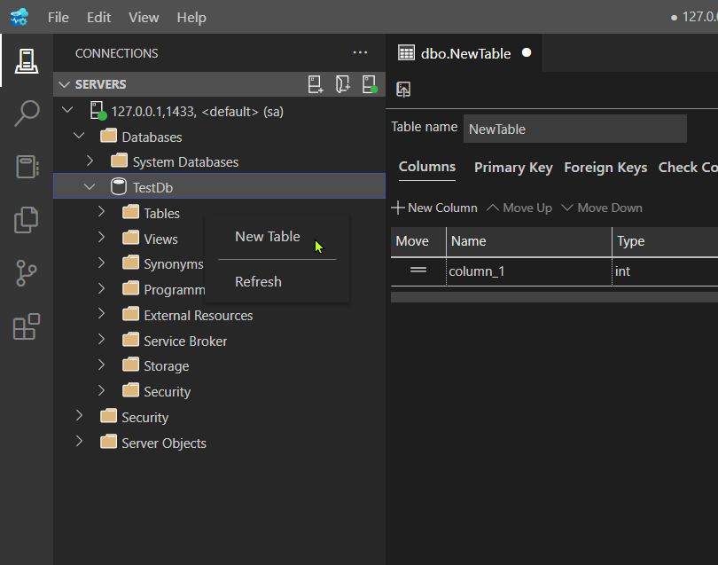 Create table designer view in Azure Data Studio
