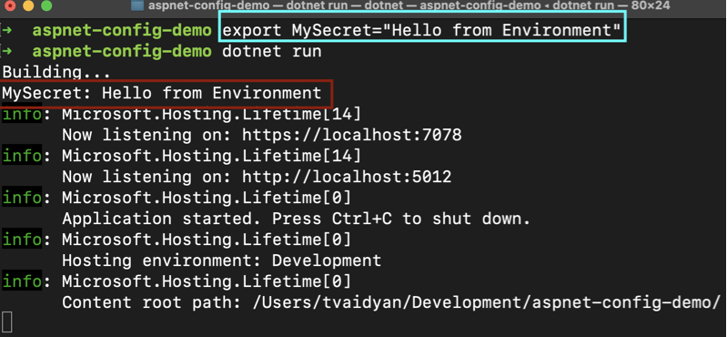 Mac bash terminal window showing the setting of an environment variable and that value being output by the demo ASP.NET application.