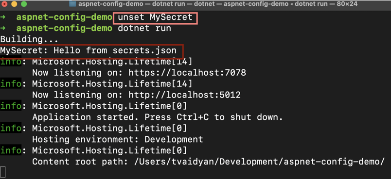 terminal window output showing the unsetting of the MySecret environment variable and the asp.net output now showing the secrets.json output instead