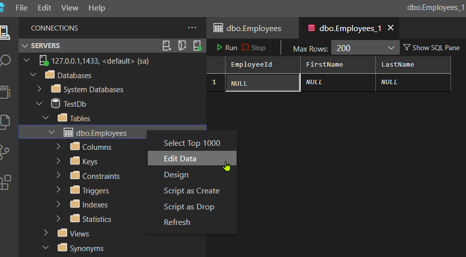 Azure data studio with the visual data editor