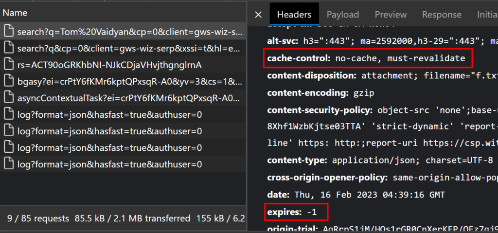 browser tools showing the cache-control header and an expires header for an HTTP resource