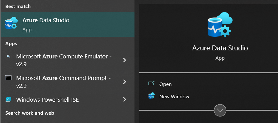 Azure Data Studio in the search results on the Windows start menu.