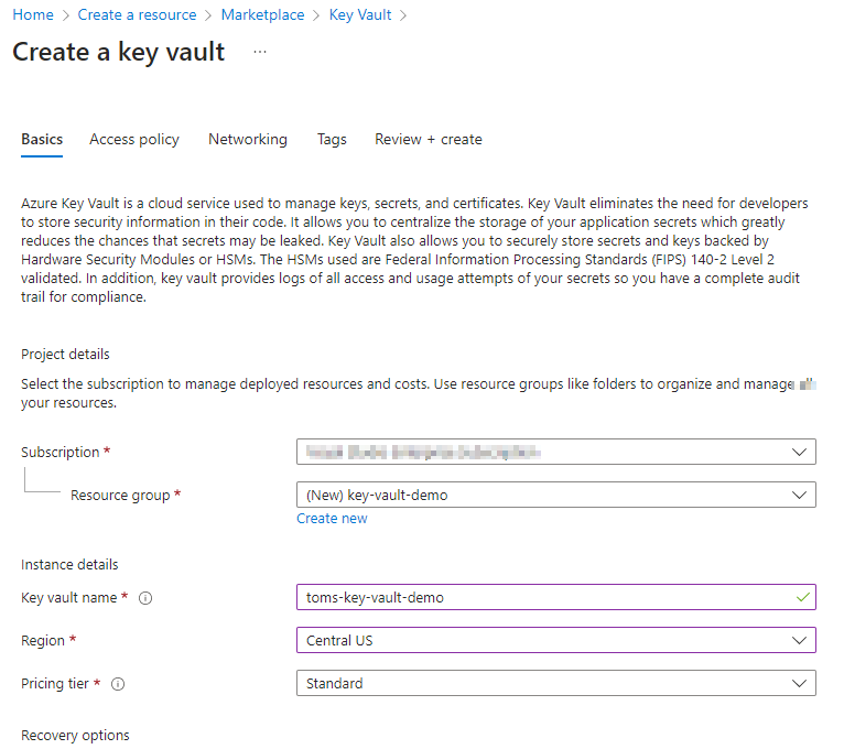 initial setup screen for azure key vault.