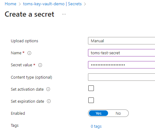 the create new secret form for Azure Key Vault.