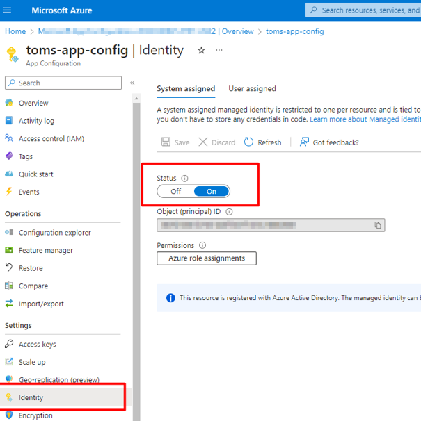 the managed identity blade of an Azure App Configuration instance.