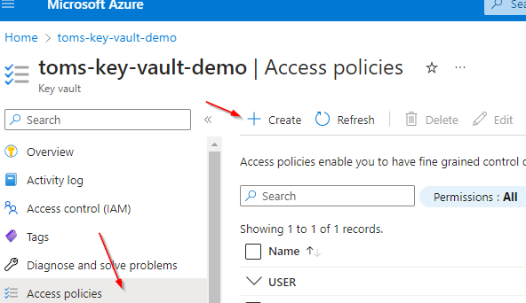 The access policies blade of Azure Key Vault